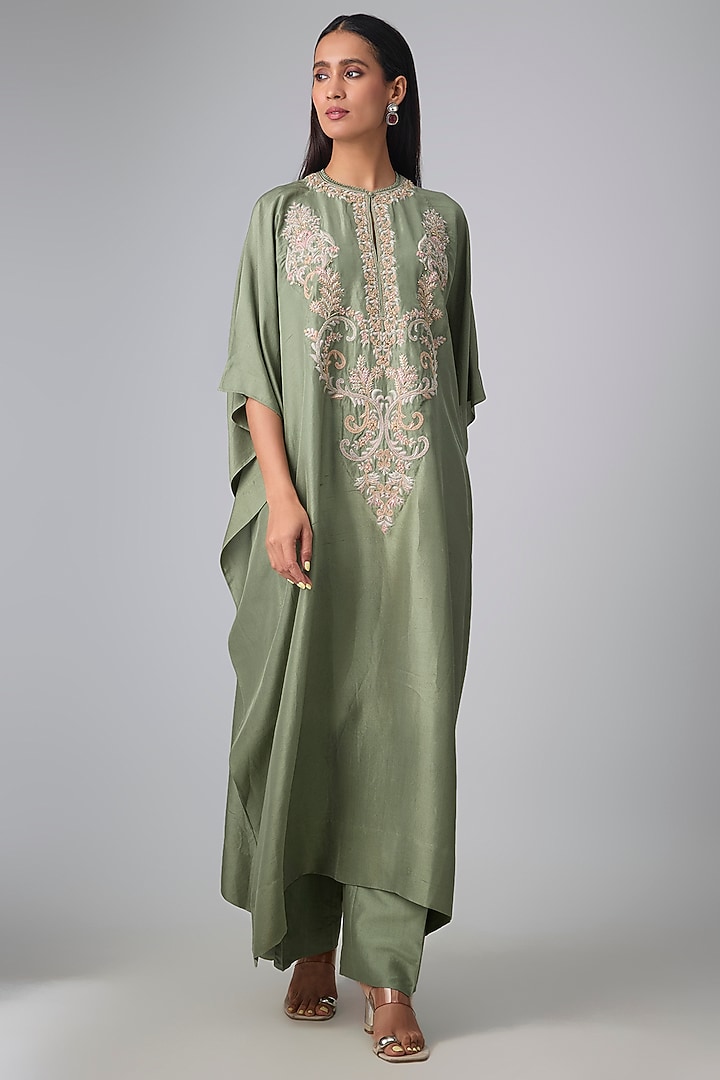 Mint Green Silk Thread Work Kaftan Set by Jayanti Reddy at Pernia's Pop Up Shop