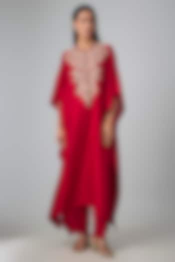 Red Silk Thread Work Kaftan Set by Jayanti Reddy at Pernia's Pop Up Shop