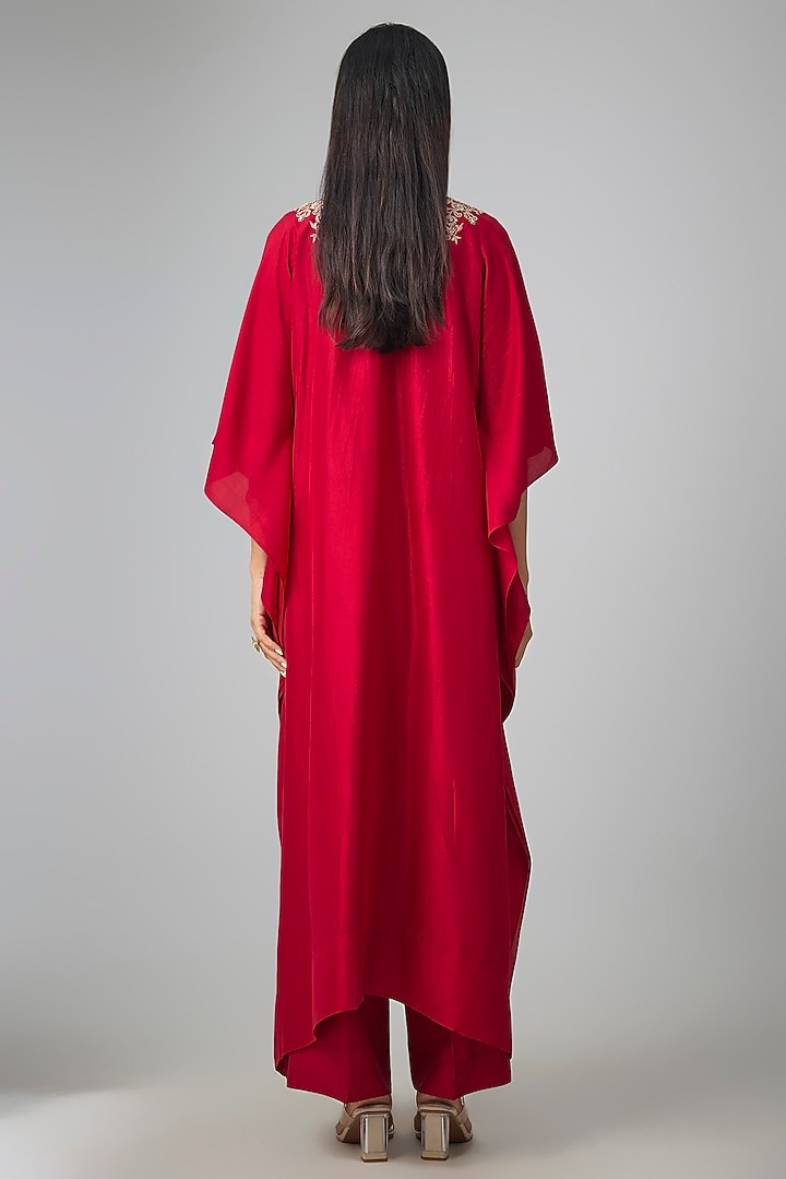 Red Silk Thread Work Kaftan Set by Jayanti Reddy at Pernia's Pop Up Shop