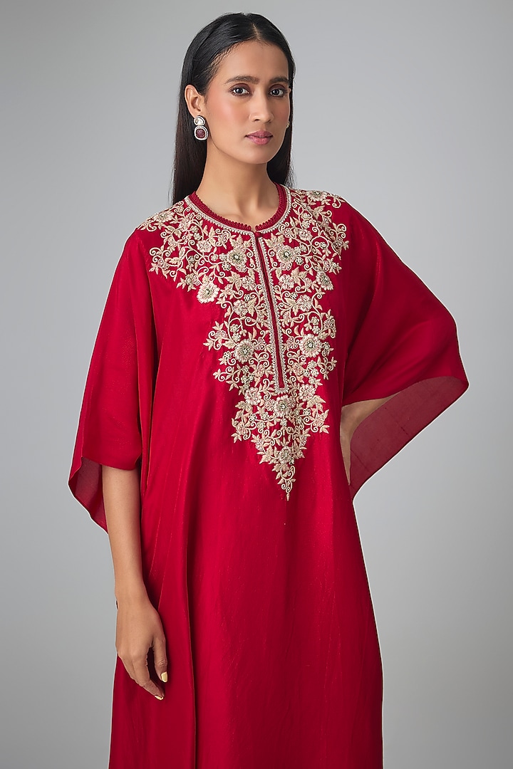 Red Silk Thread Work Kaftan Set by Jayanti Reddy at Pernia's Pop Up Shop