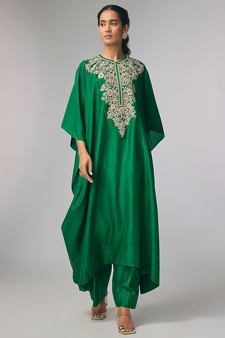 Green Silk Zardosi Work Kaftan Set by Jayanti Reddy at Pernia's Pop Up Shop