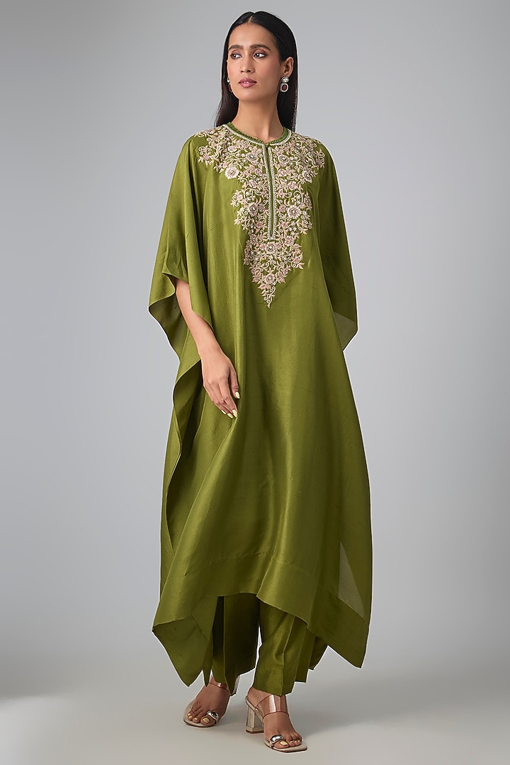 Olive Green Silk Thread Work Kaftan Set by Jayanti Reddy at Pernia's Pop Up Shop