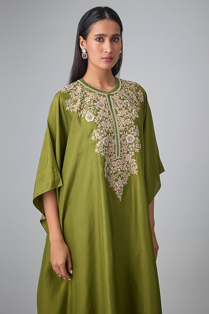 Olive Green Silk Thread Work Kaftan Set by Jayanti Reddy at Pernia's Pop Up Shop