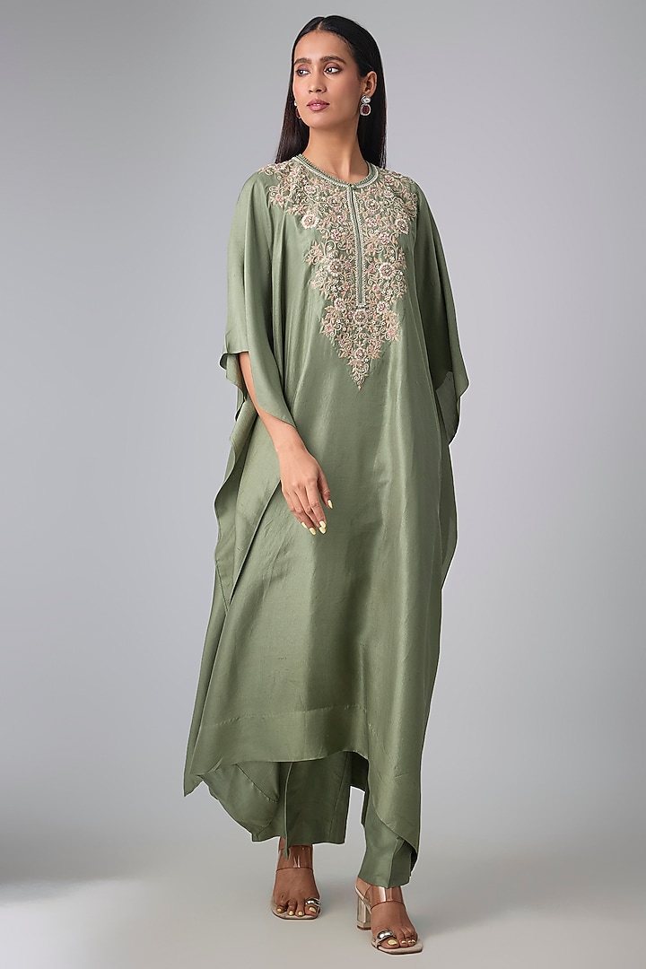Mint Green Silk Thread Work Kaftan Set by Jayanti Reddy at Pernia's Pop Up Shop