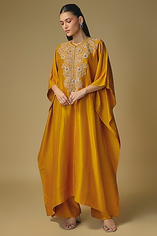 Mango Yellow Silk Zardosi Work Kaftan Set by Jayanti Reddy