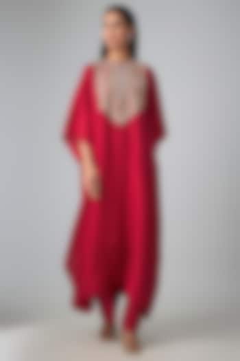 Red Silk Thread Work Kaftan Set by Jayanti Reddy at Pernia's Pop Up Shop
