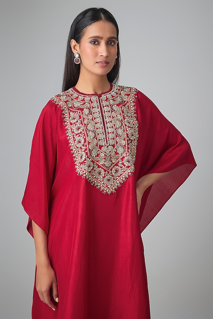 Red Silk Thread Work Kaftan Set by Jayanti Reddy at Pernia's Pop Up Shop