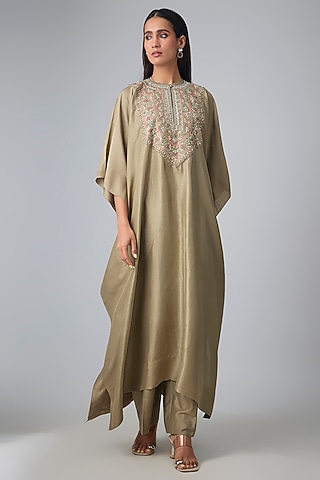 Golden Beige Silk Thread Work Kaftan Set by Jayanti Reddy