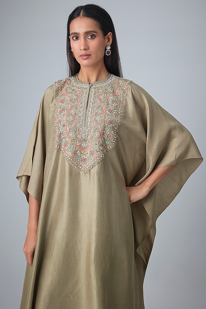Golden Beige Silk Thread Work Kaftan Set by Jayanti Reddy at Pernia's Pop Up Shop