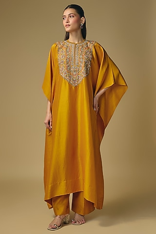 Mango Yellow Silk Zardosi Work Kaftan Set by Jayanti Reddy