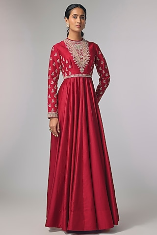 Red Raw Silk & Silk Zardosi Work Anarkali by Jayanti Reddy