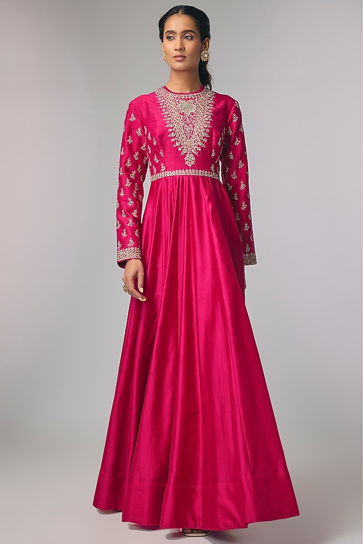 Pink Raw Silk & Silk Zardosi Work Bridal Anarkali by Jayanti Reddy at Pernia's Pop Up Shop