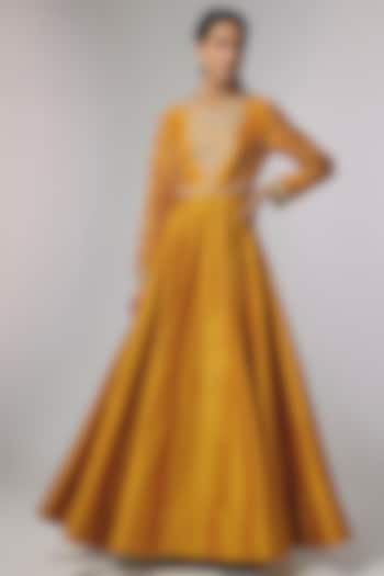 Mango Yellow Raw Silk & Silk Zardosi Work Bridal Anarkali by Jayanti Reddy at Pernia's Pop Up Shop