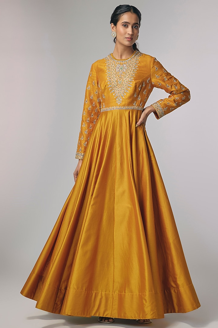 Mango Yellow Raw Silk & Silk Zardosi Work Bridal Anarkali by Jayanti Reddy at Pernia's Pop Up Shop