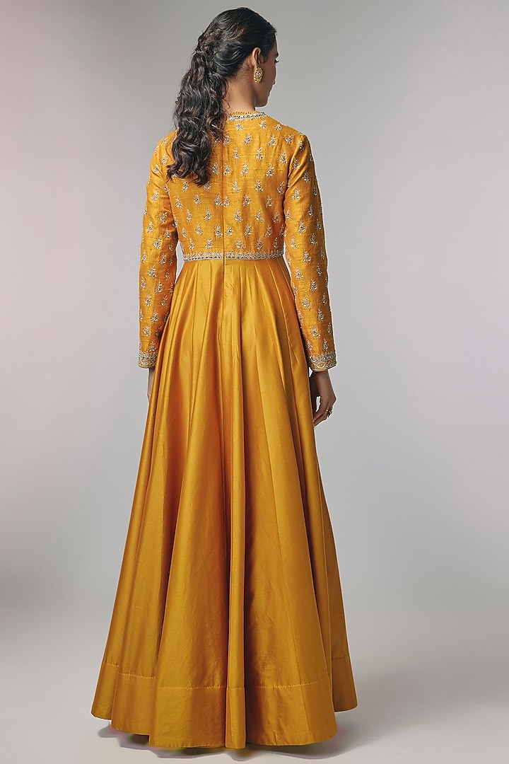 Mango Yellow Raw Silk & Silk Zardosi Work Bridal Anarkali by Jayanti Reddy at Pernia's Pop Up Shop