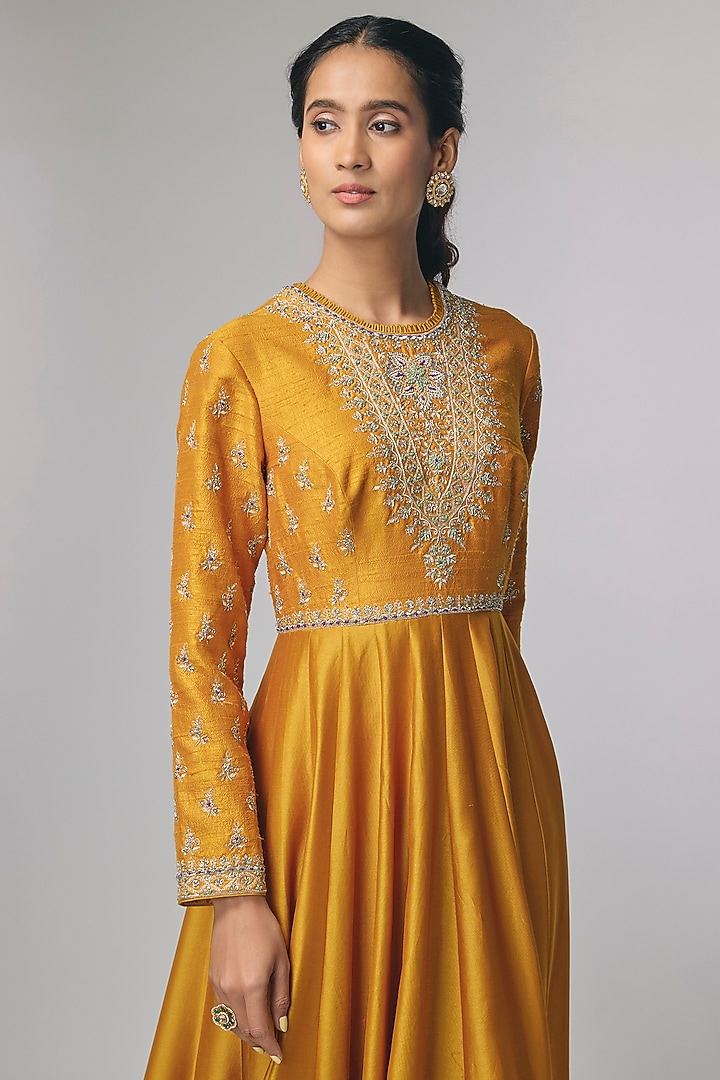 Mango Yellow Raw Silk & Silk Zardosi Work Bridal Anarkali by Jayanti Reddy at Pernia's Pop Up Shop