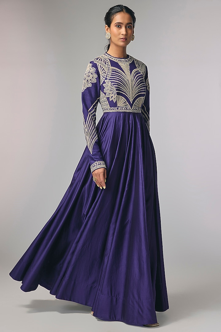 Purple Raw Silk & Silk Thread Work Wedding Anarkali by Jayanti Reddy at Pernia's Pop Up Shop