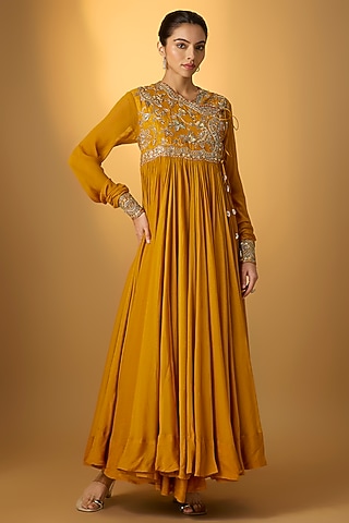 Mango Yellow Raw Silk & Chiffon Zardosi Embroidered Anarkali Set by Jayanti Reddy