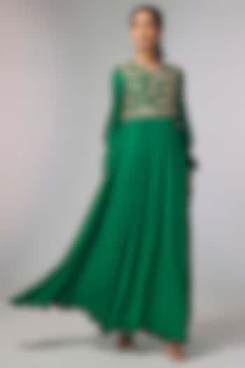 Bottle Green Raw Silk & Chiffon Zardosi Work Bridal Anarkali Set by Jayanti Reddy at Pernia's Pop Up Shop