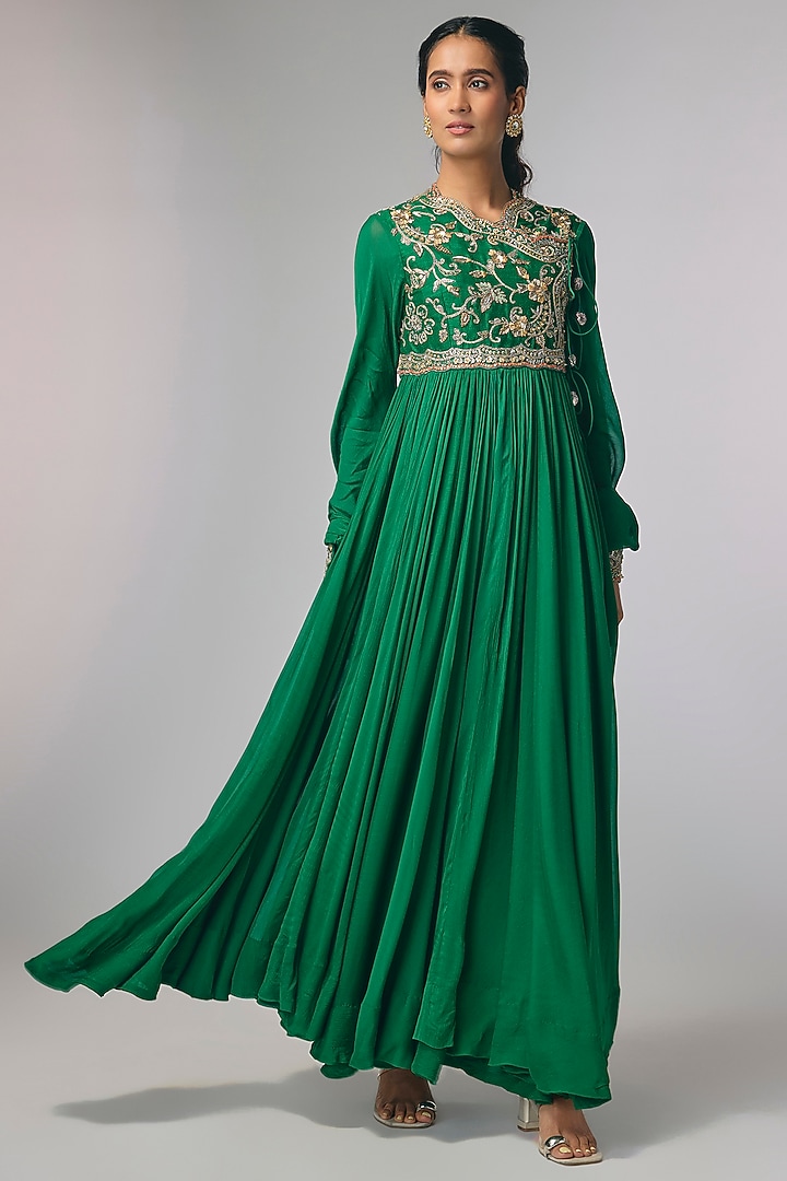 Bottle Green Raw Silk & Chiffon Zardosi Work Bridal Anarkali Set by Jayanti Reddy at Pernia's Pop Up Shop
