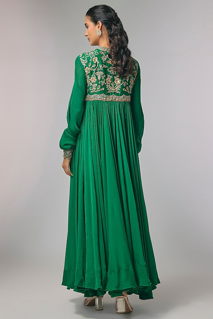 Bottle Green Raw Silk & Chiffon Zardosi Work Bridal Anarkali Set by Jayanti Reddy at Pernia's Pop Up Shop