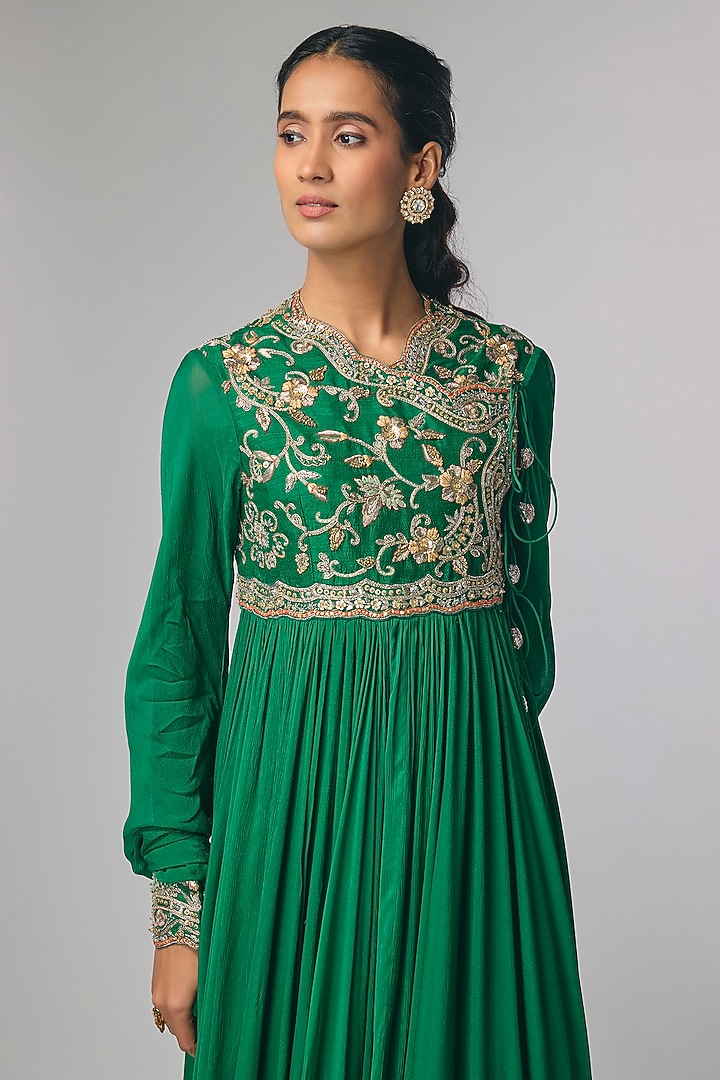 Bottle Green Raw Silk & Chiffon Zardosi Work Bridal Anarkali Set by Jayanti Reddy at Pernia's Pop Up Shop