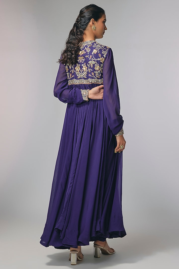 Purple Raw Silk & Chiffon Zardosi Work Bridal Anarkali Set by Jayanti Reddy at Pernia's Pop Up Shop