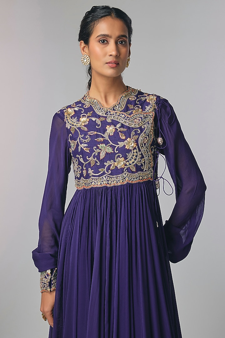 Purple Raw Silk & Chiffon Zardosi Work Bridal Anarkali Set by Jayanti Reddy at Pernia's Pop Up Shop