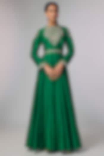 Bottle Green Raw Silk & Chiffon Zardosi Work Wedding Anarkali by Jayanti Reddy at Pernia's Pop Up Shop