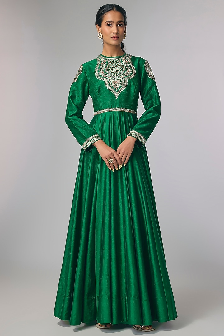 Bottle Green Raw Silk & Chiffon Zardosi Work Wedding Anarkali by Jayanti Reddy at Pernia's Pop Up Shop
