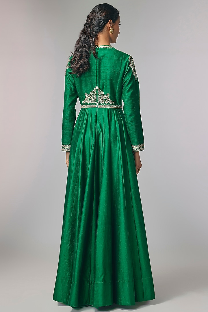 Bottle Green Raw Silk & Chiffon Zardosi Work Wedding Anarkali by Jayanti Reddy at Pernia's Pop Up Shop