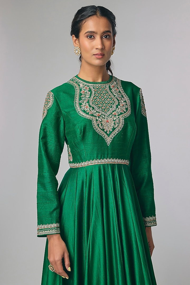Bottle Green Raw Silk & Chiffon Zardosi Work Wedding Anarkali by Jayanti Reddy at Pernia's Pop Up Shop