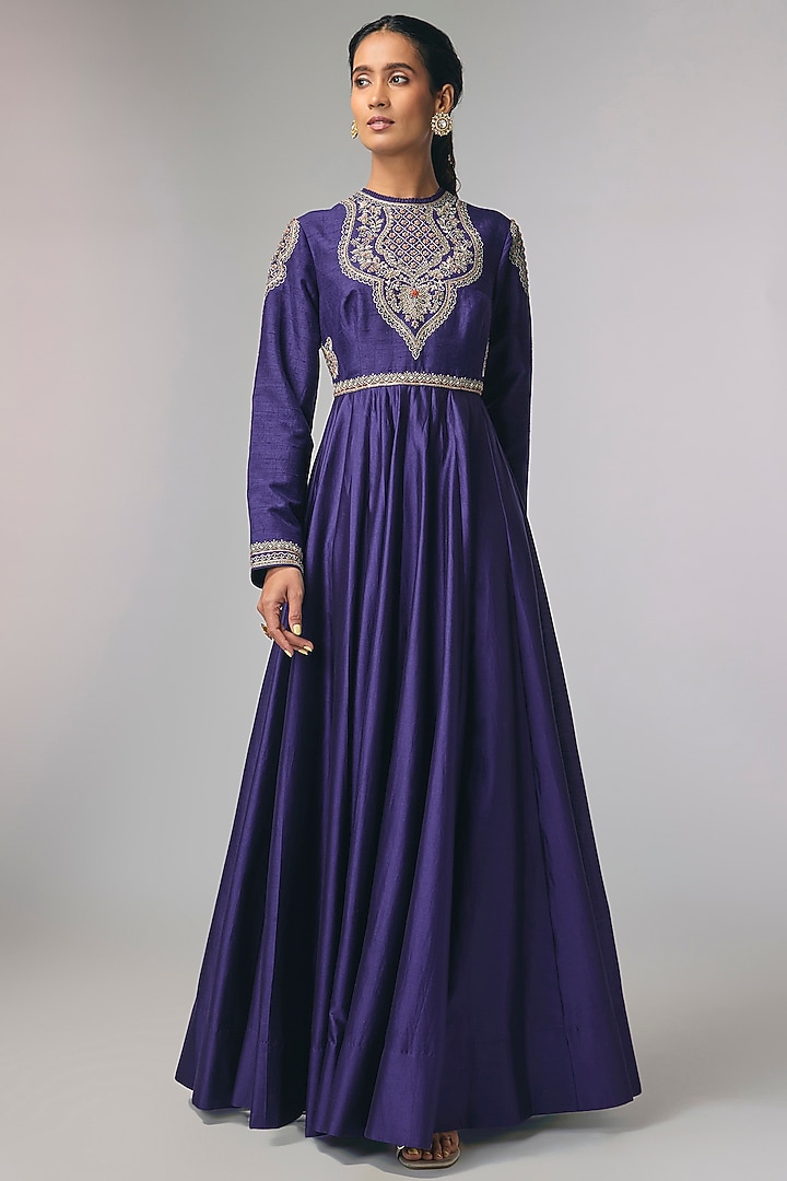 Purple Raw Silk & Chiffon Zardosi Work Wedding Anarkali by Jayanti Reddy at Pernia's Pop Up Shop