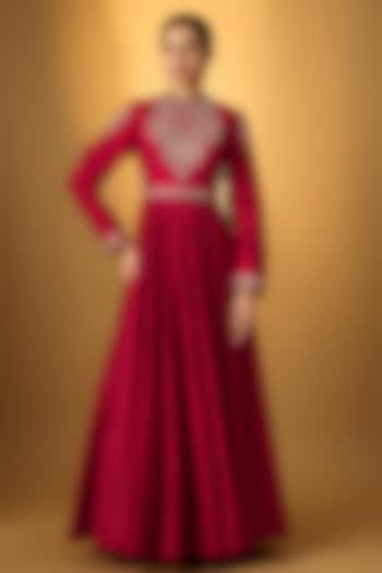 Red Raw Silk & Chiffon Zardosi Embroidered Wedding Anarkali by Jayanti Reddy at Pernia's Pop Up Shop