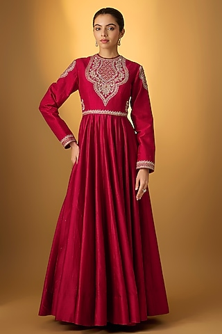 designer red anarkali dresses Red Embroidered Tissue Anarkali M