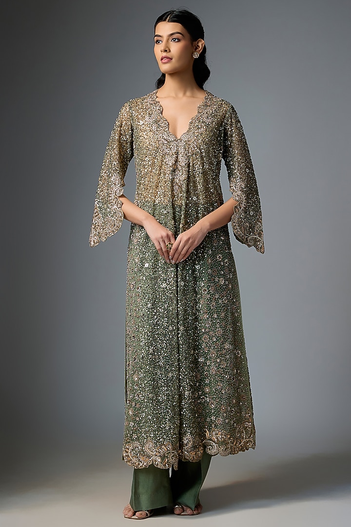 Mint Green Net Embroidered Kaftan Set by Jayanti Reddy at Pernia's Pop Up Shop