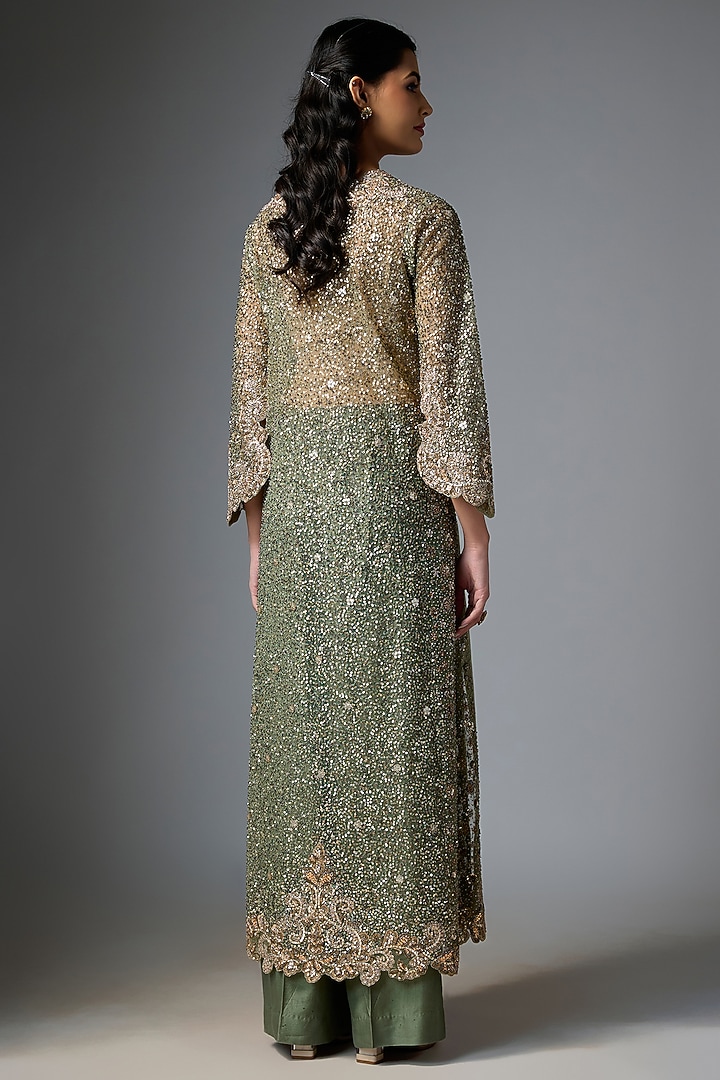 Mint Green Net Embroidered Kaftan Set by Jayanti Reddy at Pernia's Pop Up Shop