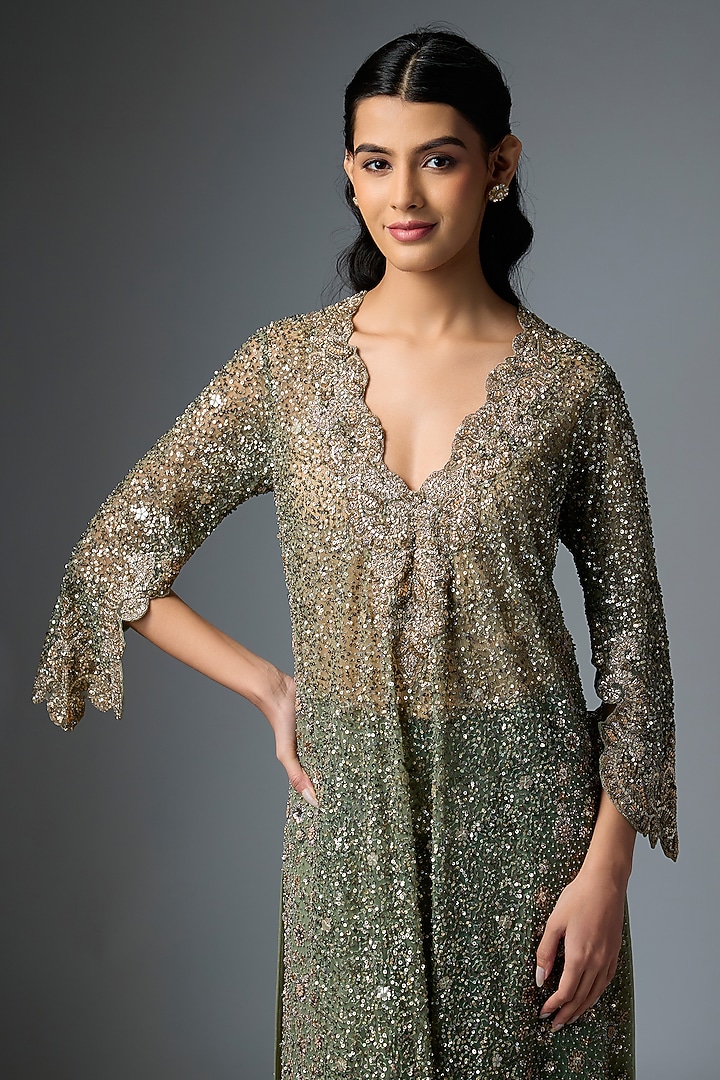 Mint Green Net Embroidered Kaftan Set by Jayanti Reddy at Pernia's Pop Up Shop