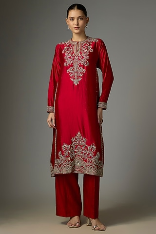Red Silk Zardosi Embroidered Kurta Set by Jayanti Reddy