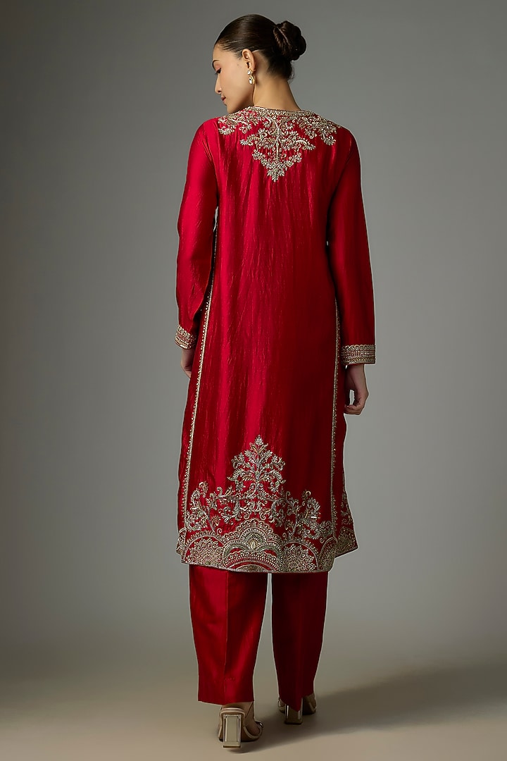 Red Silk Zardosi Embroidered Kurta Set by Jayanti Reddy at Pernia's Pop Up Shop