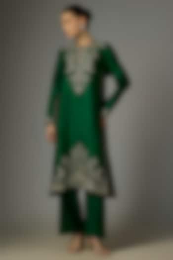 Bottle Green Silk Zardosi Embroidered Kurta Set by Jayanti Reddy at Pernia's Pop Up Shop