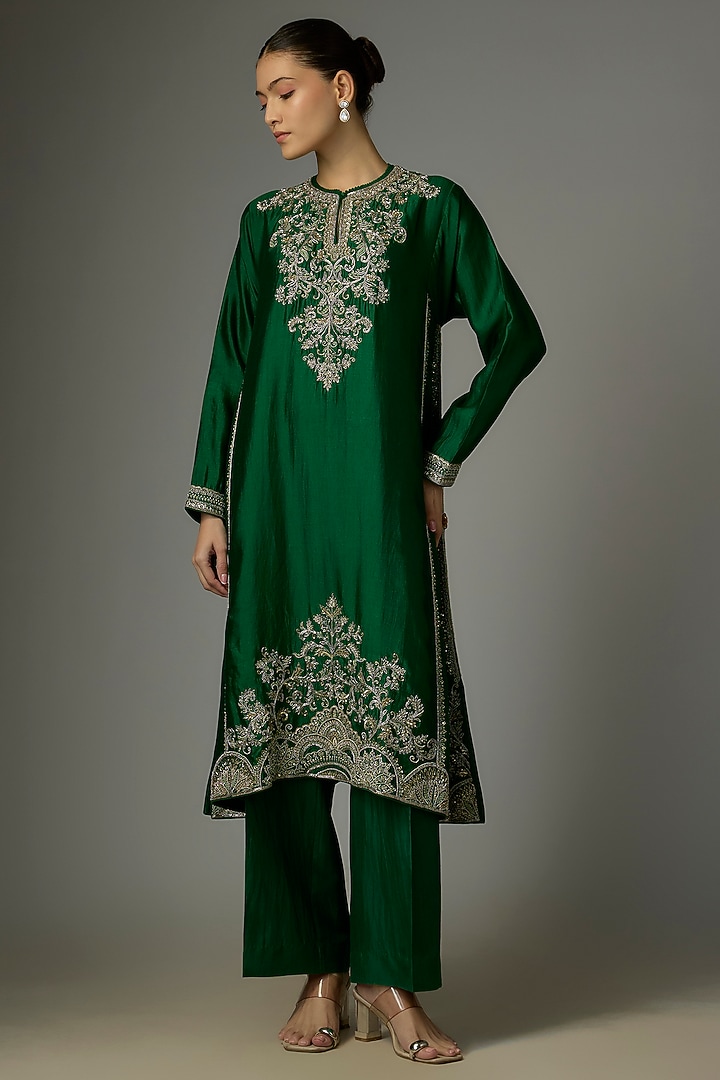 Bottle Green Silk Zardosi Embroidered Kurta Set by Jayanti Reddy at Pernia's Pop Up Shop