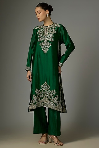 Bottle Green Silk Zardosi Embroidered Kurta Set by Jayanti Reddy