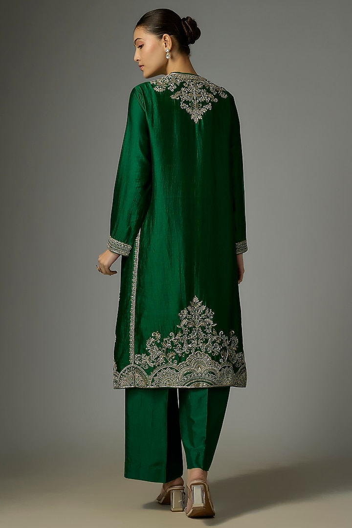 Bottle Green Silk Zardosi Embroidered Kurta Set by Jayanti Reddy at Pernia's Pop Up Shop