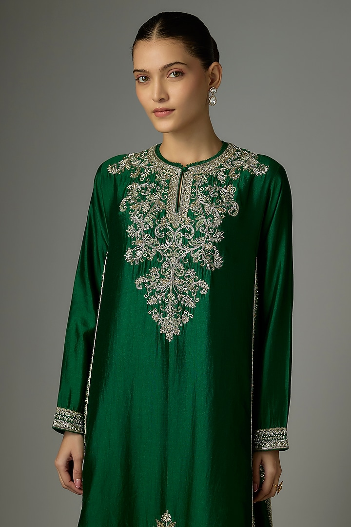 Bottle Green Silk Zardosi Embroidered Kurta Set by Jayanti Reddy at Pernia's Pop Up Shop