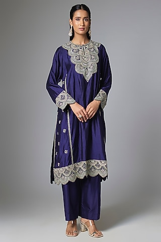 Purple Silk Zardosi Embroidered Kurta Set by Jayanti Reddy
