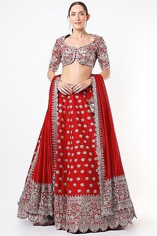 Cadmium Red Raw Silk Embroidered Lehenga Set by Jayanti Reddy