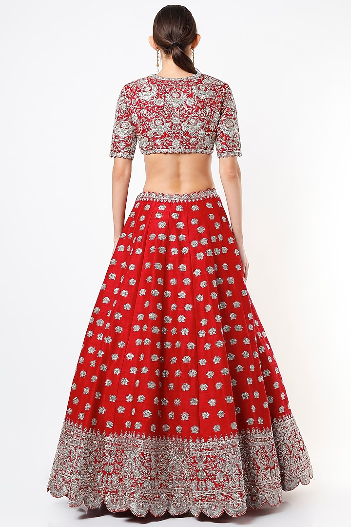 Cadmium Red Raw Silk Embroidered Bridal Lehenga Set by Jayanti Reddy at Pernia's Pop Up Shop