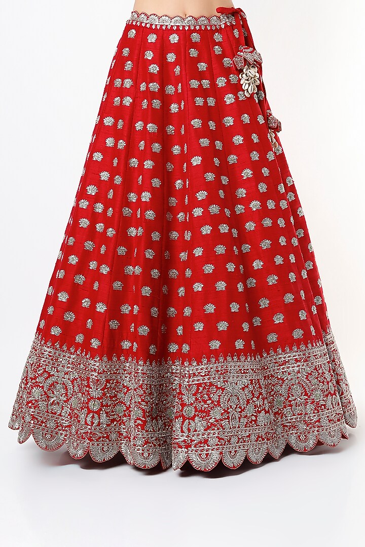 Cadmium Red Raw Silk Embroidered Bridal Lehenga Set by Jayanti Reddy at Pernia's Pop Up Shop