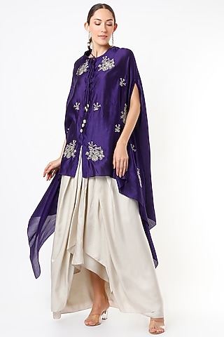 Clear Purple Embroidered Cape Set by Jayanti Reddy